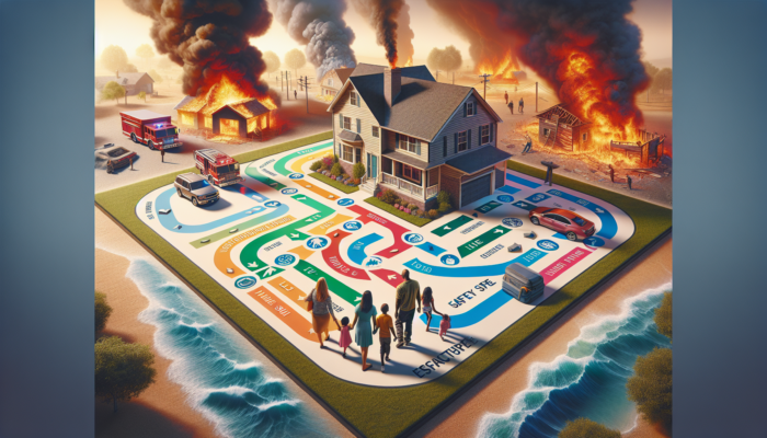 A map showing color-coded escape routes from a suburban home to safe locations, with a family practicing evacuation amidst natural disasters.