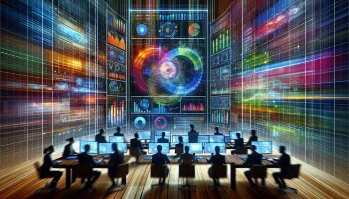 A digital marketing command center with screens showing real-time data, strategy charts, and successful ad campaigns, surrounded by a team of professionals.