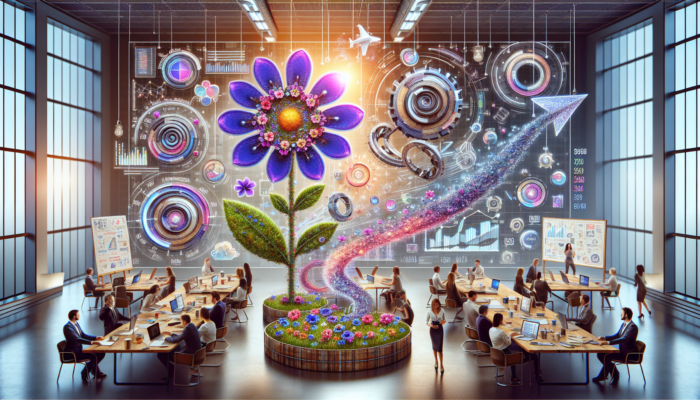 A digital dashboard showing graphs of impressions, clicks, conversions, and revenue in a busy marketing office.