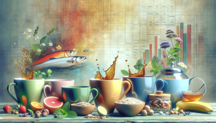 A kitchen scene with herbal teas and cholesterol-lowering foods, health chart in background.