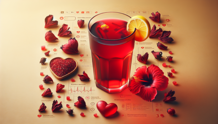 A vibrant glass of red hibiscus tea with lemon and honey, surrounded by dried flowers.