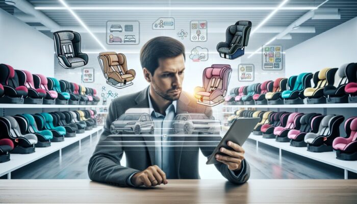 A parent choosing a child car seat in a modern store, focusing on safety and comfort.