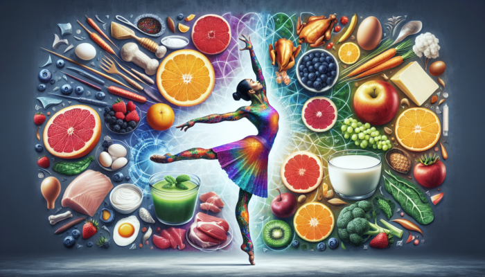 A gymnast stretching surrounded by collagen-boosting foods like citrus, berries, greens, chicken, eggs, and dairy.