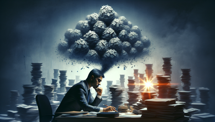 A person overwhelmed by bills and debt notices, looking stressed yet hopeful at a desk.