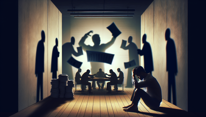 Person in dimly lit room, overwhelmed by bills, head in hands, showing anxiety and isolation from debt.