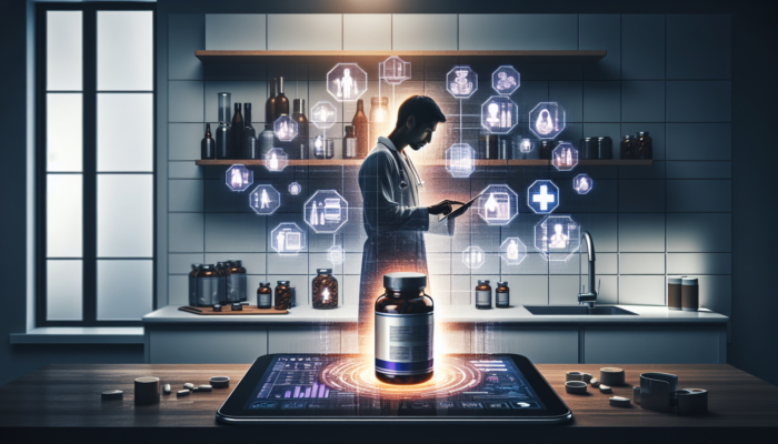 Individual in a kitchen researching supplements on a tablet while consulting a doctor via video call.