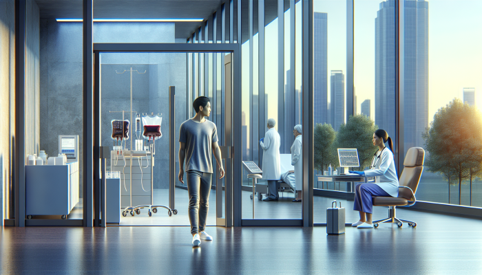 A calm patient entering a serene medical clinic in Bracknell for liver blood testing, with a healthcare worker preparing.