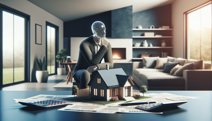 A homeowner considering a secured debt consolidation loan, using their modern suburban house as collateral, with financial documents and a calculator on a table.