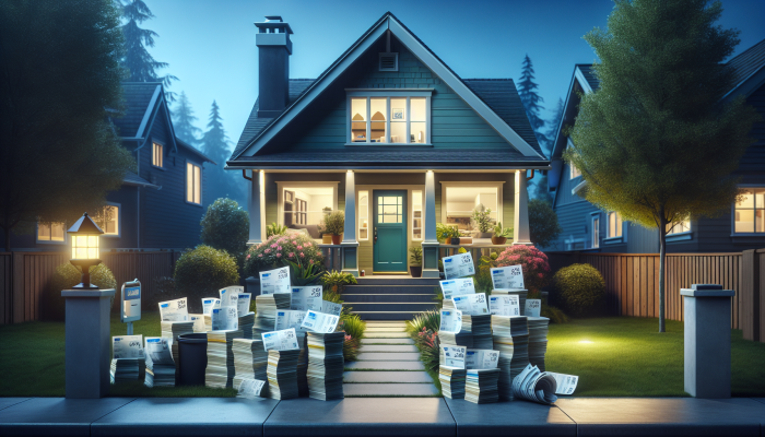 A serene suburban home with a lush yard, clear sky, and consolidated bills on the doorstep.