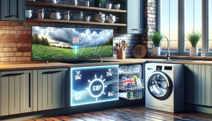 Modern UK kitchen with eco-friendly dishwasher and washing machine on eco-mode, symbolizing water conservation.