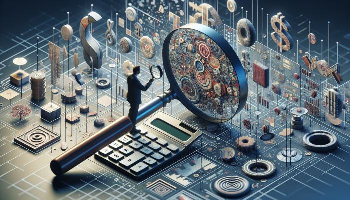 Person scrutinising financial document with magnifying glass, surrounded by bills and calculator, evaluating debt consolidation terms.