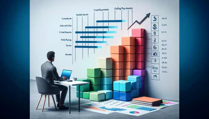 Person budgeting confidently at desk with fixed payment schedules and steady savings growth charts.
