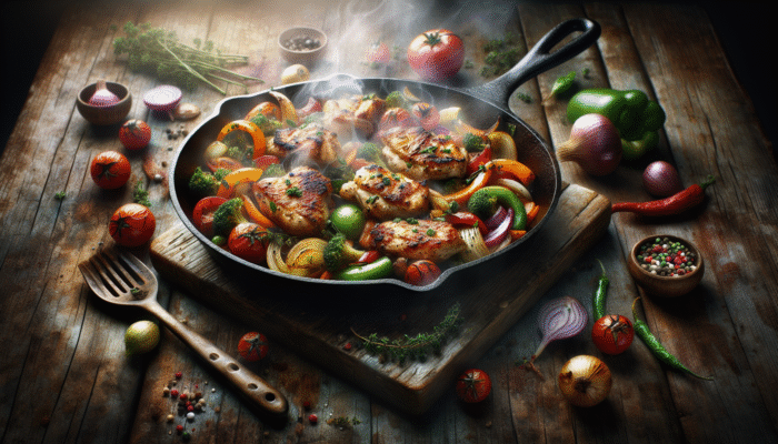 Cast iron skillet with seared chicken, sautéed vegetables, and herbs on a rustic table, steam rising.