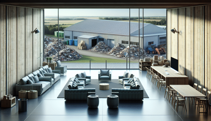 Modern living room with large furniture being evaluated for disposal; UK recycling center visible through window.