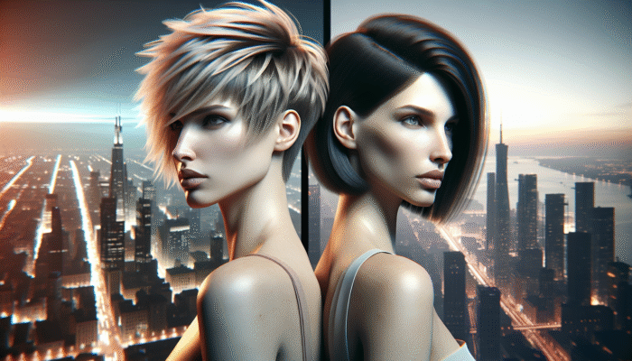 A woman with an edgy, asymmetrical haircut and another with an elegant layered bob, set in Milan and New York.