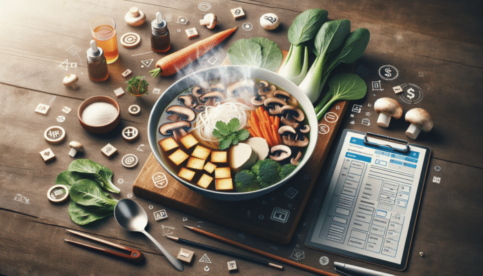 A steaming bowl of vegetarian pho with mushroom-carrot broth, tofu, noodles, bok choy, sprouts, and herbs.