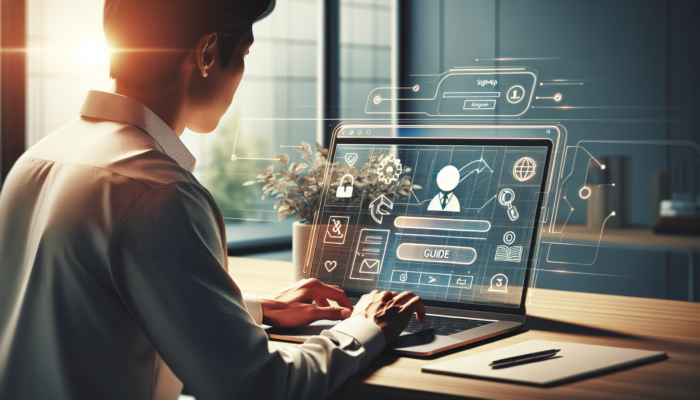 Person using laptop to follow illustrated guide for signing up on Google My Business in office.