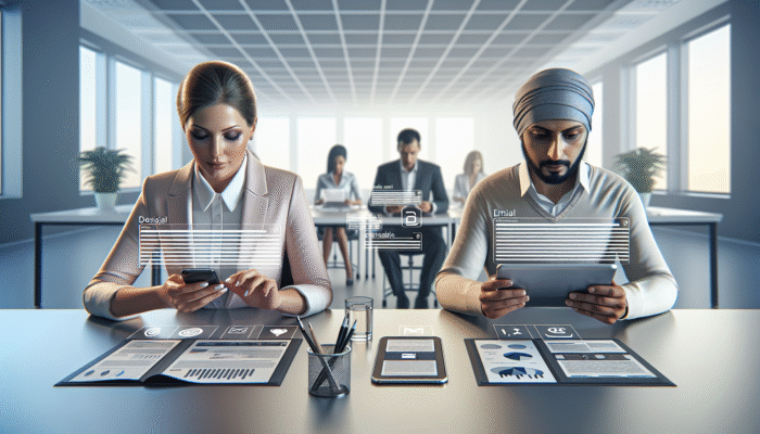 A person using a smartphone and tablet to view an email, with the layout adjusting to fit each screen.