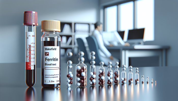 A ferritin blood test vial, iron supplements, and a chart showing increasing ferritin levels in a Wakefield clinic.