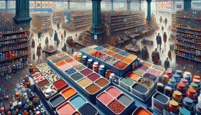 UK market scene with diverse ginseng supplements in capsules, powders, and liquids, showcasing quality and cognitive enhancement.