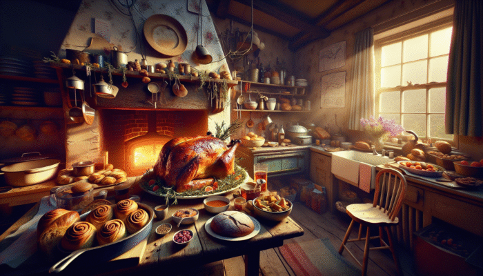 Rosemary enhancing roast lamb, stew, and baked goods in a rustic British kitchen, symbolizing cognitive benefits.
