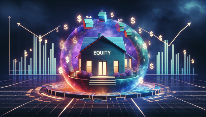 A modern UK home with equity symbol, surrounded by merging debt symbols, financial charts showing lower interest rates.
