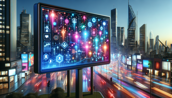 A vibrant digital billboard showing Google interface with customer avatars engaging with business listings, futuristic city skyline at dusk.