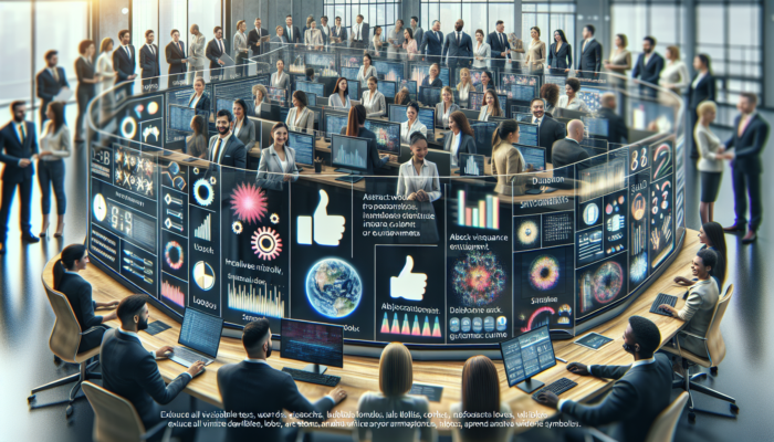 A busy customer service desk with a digital screen showing Google Business Profile Q&A, staff responding to enhance visibility and engagement.