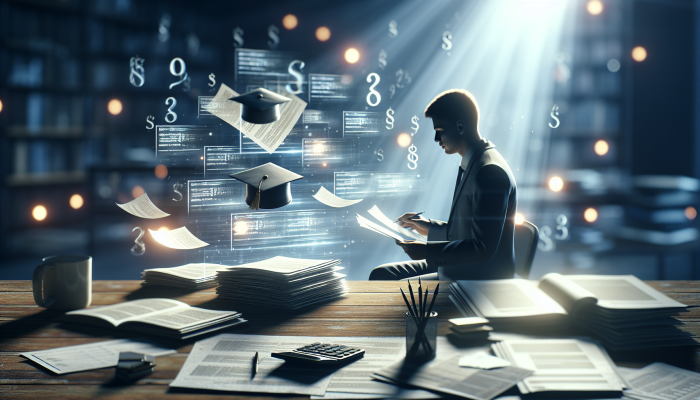 A person organising student loan documents on a desk, with labels showing balances and interest rates, in a calm, empowering light.