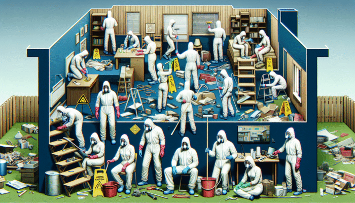 Team of workers in protective gear clearing a cluttered house with safety equipment and caution signs.