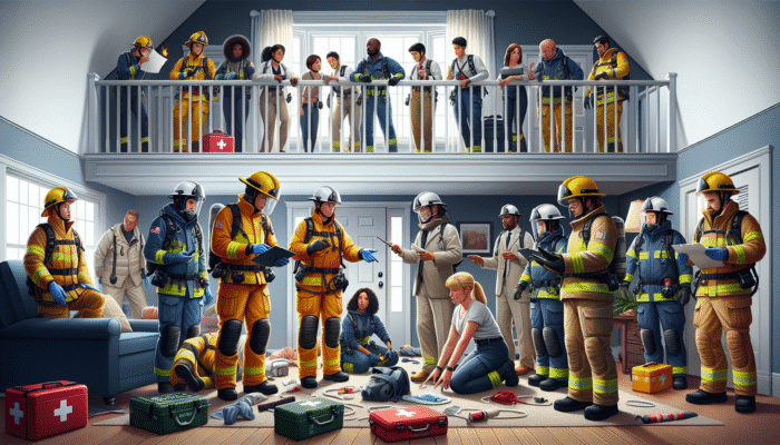 Team in safety gear during house clearance, briefed on emergencies with visible first aid kits and exits.