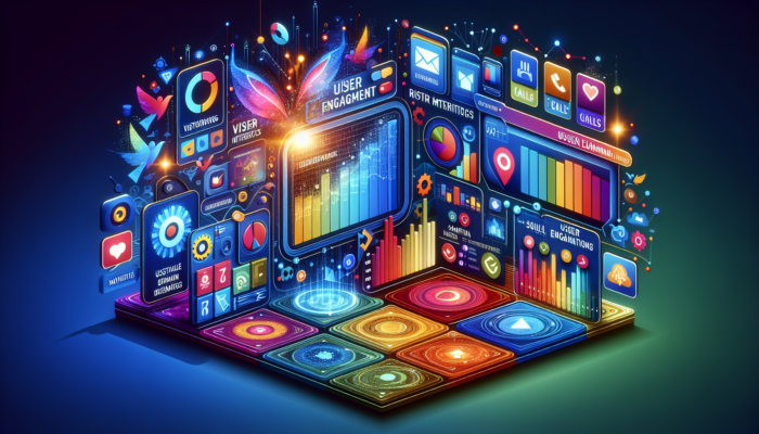A vibrant digital interface showing user engagement metrics like click-through rates, call statistics, and direction requests with colorful graphs.