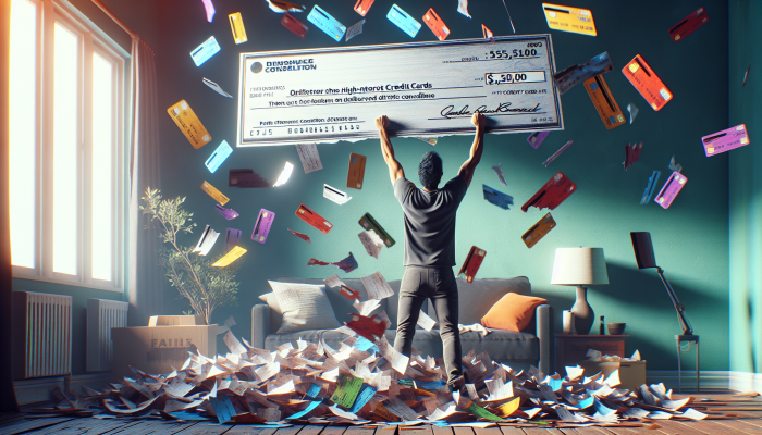 Person holding "Personal Loan" check, surrounded by shredded credit card statements, symbolising debt consolidation and financial freedom.