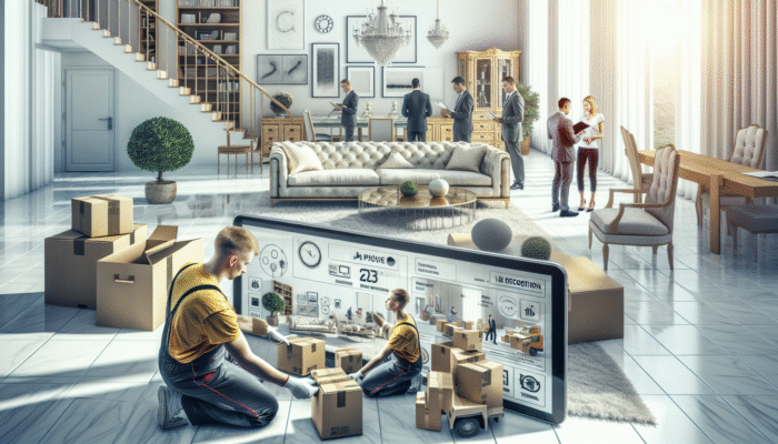 Professionals meticulously packing high-value items in a luxury home, clients discussing clearance schedules.