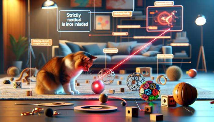 A cat focused on a laser dot, surrounded by interactive toys in a colorful home environment.