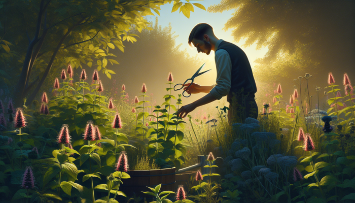 Person harvesting catnip with shears in a lush garden during late summer.