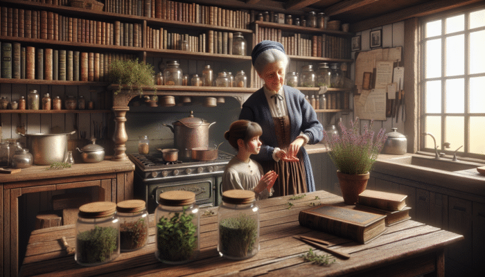 Elderly woman teaching young girl about thyme uses in a rustic UK kitchen with herbs and cookbooks.