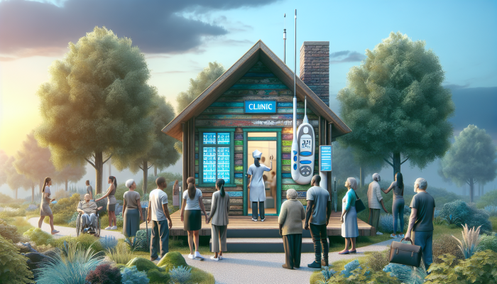 A serene clinic in Dumbarton with a sign for diabetes testing services, surrounded by greenery, with diverse people entering.