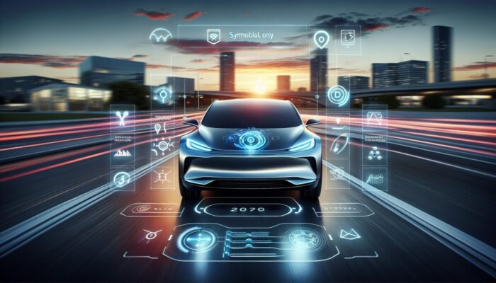 A sleek electric car with a futuristic dashboard, driving smoothly through a city at dusk.