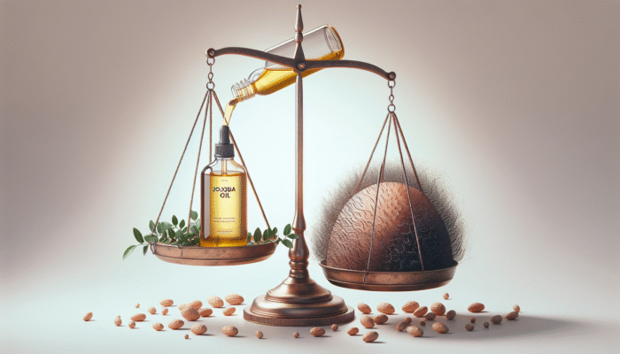 Jojoba oil balancing hair and scalp oils, with tea tree leaves, promoting healthy, dandruff-free scalp.