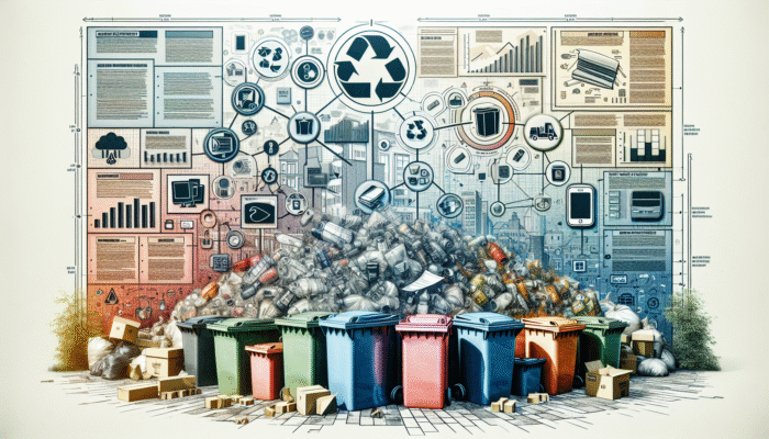 Infographic showing UK laws on bulky waste disposal with recycling symbols, bins, and legal documents.