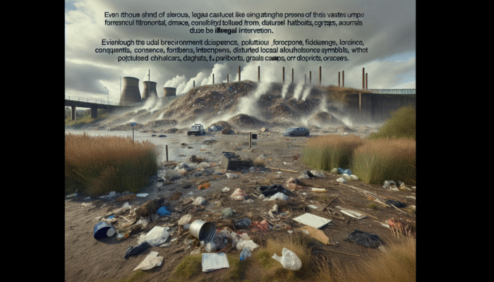 Illegal waste dumping in UK landscape, showing environmental harm and legal warnings.