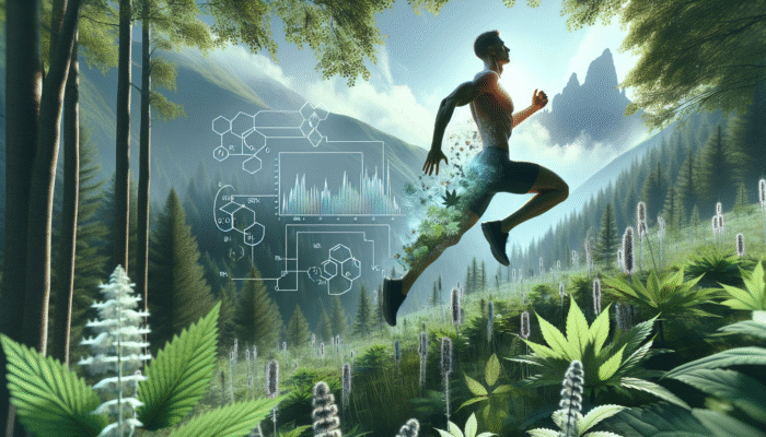 Athlete running uphill in forest with rhodiola and ashwagandha, showing increased oxygen flow and endurance.