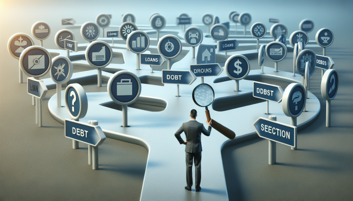 Person at crossroads analyzing loan options with magnifying glass under clear sky.