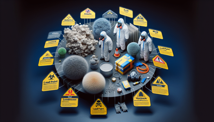 Infographic showing asbestos, lead paint, mold in UK homes, with warning symbols and safety gear.