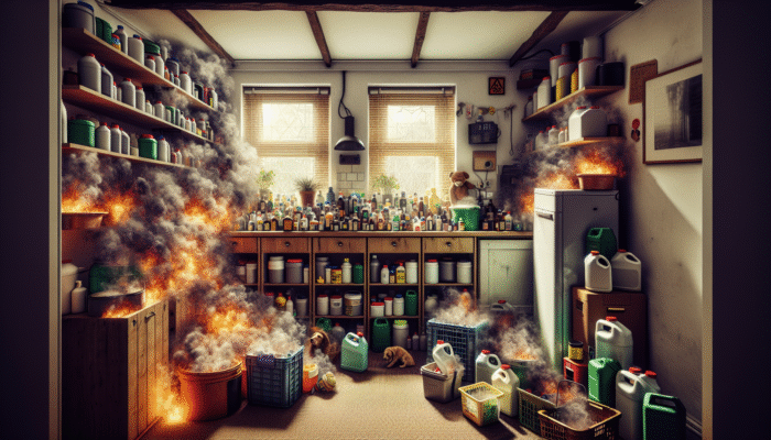 Cluttered UK home storage with mislabeled chemicals, toxic gas from bleach and ammonia mix, children and pets at risk.