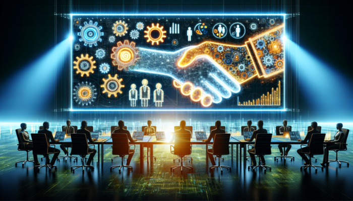 A vibrant digital screen showing a maximized Google Business Listing with SEO and engagement tools in an office.