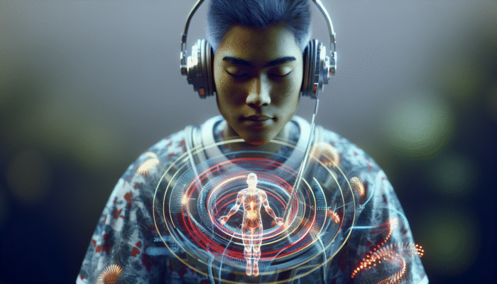 A triathlete getting a massage post-race in a serene spa, with glowing red lines showing enhanced blood flow.