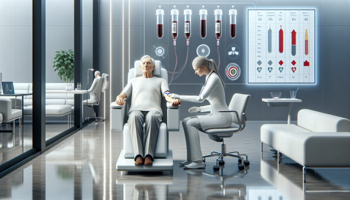 Elderly patient receiving quarterly blood test in modern Weybridge clinic, with health chart.
