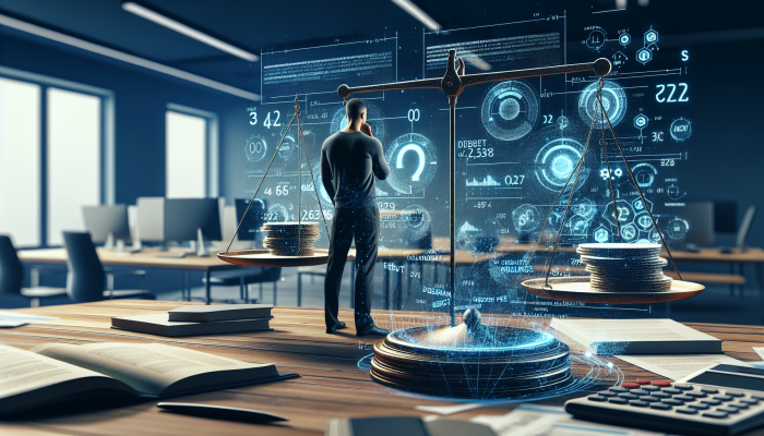 Person reviewing financial documents, considering debt consolidation, with credit scores and fees on a scale, in a modern UK office.